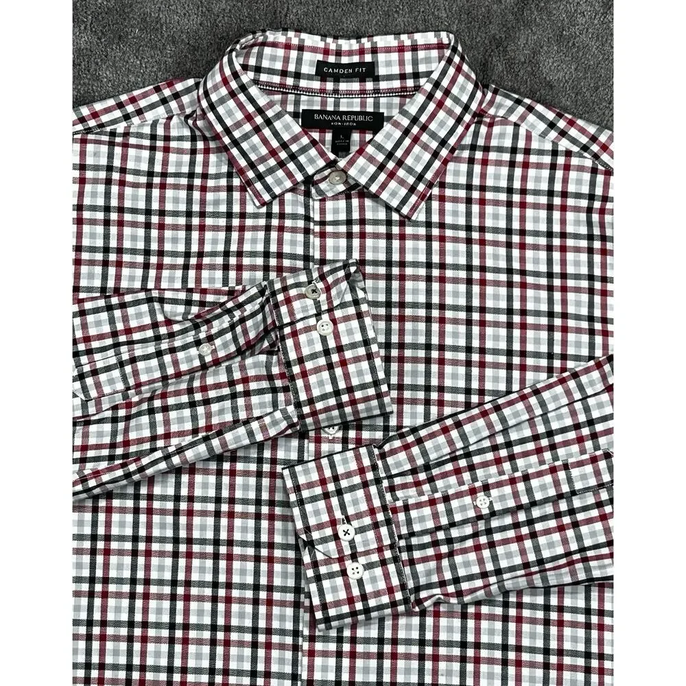 Banana Republic Men L Camden Fit Non-Iron Red Gray Black Herringbone Plaid Shirt